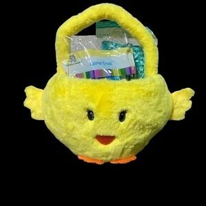 Baby Chick Plush Yellow 11” Easter Basket W/Handle &‎ Blue Easter Grass New